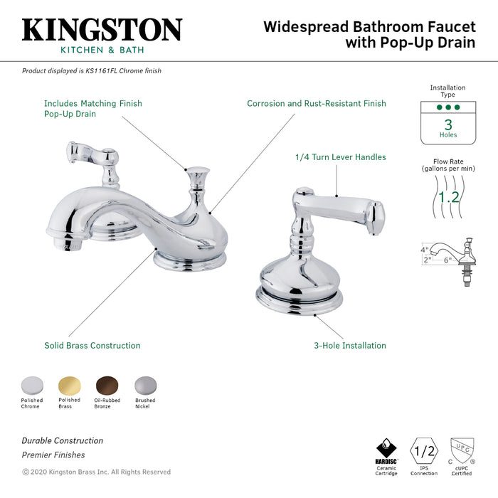 Kingston Tulare KS1162FLTwo-Handle 3-Hole Deck Mount Widespread Bathroom Faucet with Brass Pop-Up, Polished Brass