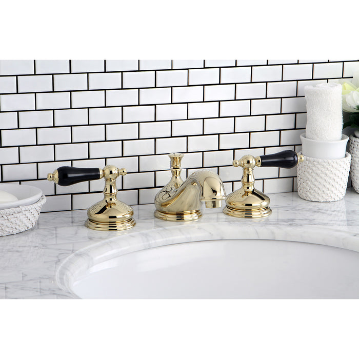 Kingston Heirloom KS1162PKL - Duchess Two-Handle 3-Hole Deck Mount Widespread Bathroom Faucet with Brass Pop-Up, Polished Brass
