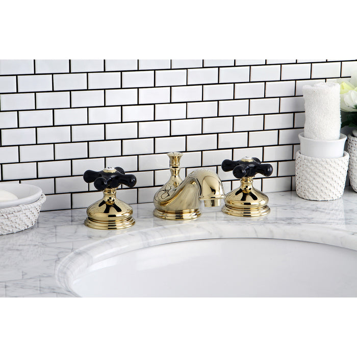Kingston Heirloom KS1162PKX - Duchess Two-Handle 3-Hole Deck Mount Widespread Bathroom Faucet with Brass Pop-Up, Polished Brass