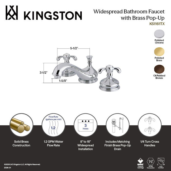 Kingston Heirloom KS1162TX - French Country Two-Handle 3-Hole Deck Mount Widespread Bathroom Faucet with Brass Pop-Up, Polished Brass