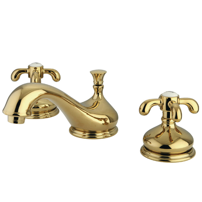 Kingston Heirloom KS1162TX - French Country Two-Handle 3-Hole Deck Mount Widespread Bathroom Faucet with Brass Pop-Up, Polished Brass
