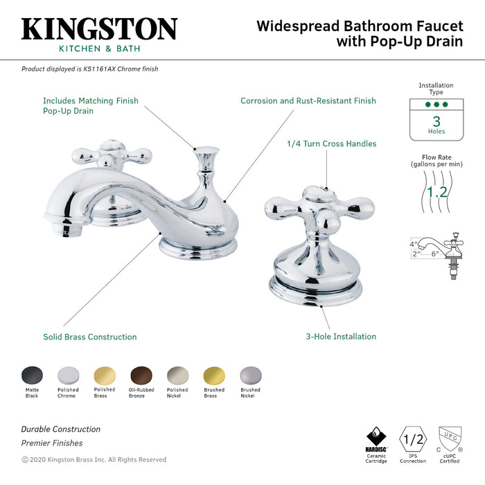 Kingston Heirloom KS1166AX - Heritage Two-Handle 3-Hole Deck Mount Widespread Bathroom Faucet with Brass Pop-Up, Polished Nickel