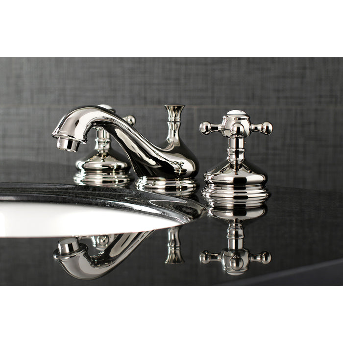 Kingston Heirloom KS1166BX - Vintage Two-Handle 3-Hole Deck Mount Widespread Bathroom Faucet with Brass Pop-Up, Polished Nickel