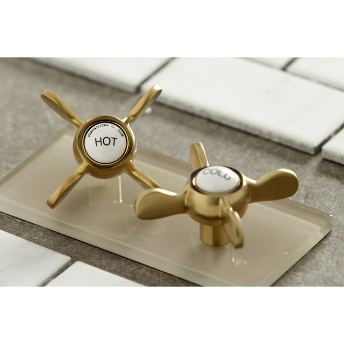 Kingston Heirloom KS1167BEX - Essex Two-Handle 3-Hole Deck Mount Widespread Bathroom Faucet with Brass Pop-Up, Brushed Brass
