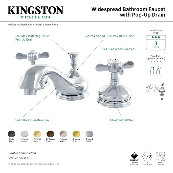 Kingston Heirloom KS1167BEX - Essex Two-Handle 3-Hole Deck Mount Widespread Bathroom Faucet with Brass Pop-Up, Brushed Brass