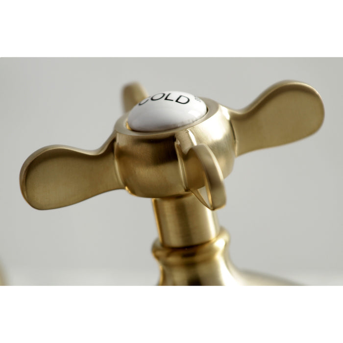 Kingston Heirloom KS1167BEX - Essex Two-Handle 3-Hole Deck Mount Widespread Bathroom Faucet with Brass Pop-Up, Brushed Brass