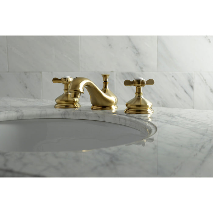 Kingston Heirloom KS1167BEX - Essex Two-Handle 3-Hole Deck Mount Widespread Bathroom Faucet with Brass Pop-Up, Brushed Brass