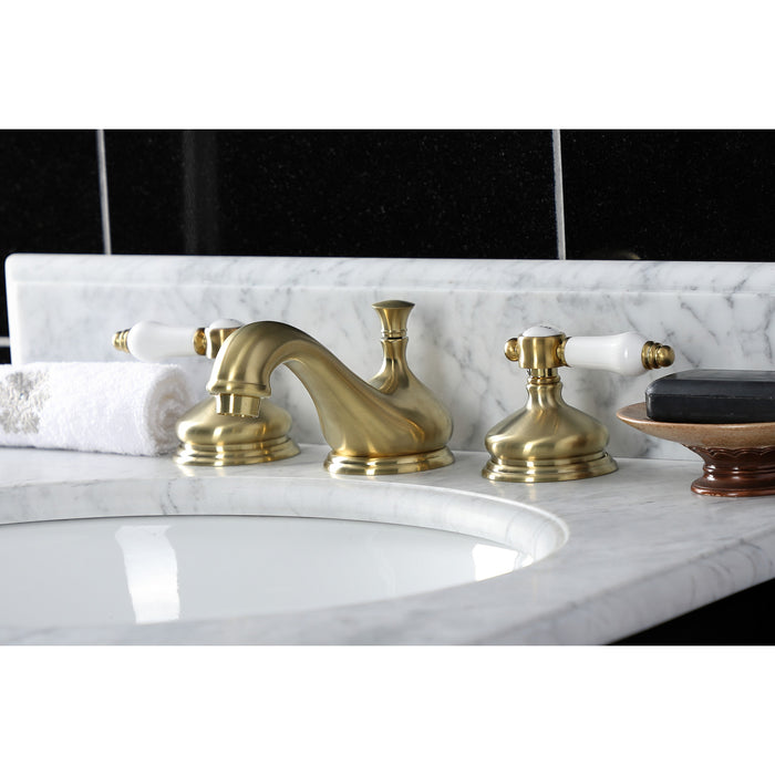 Kingston Heirloom KS1167BPL - Bel-Air Two-Handle 3-Hole Deck Mount Widespread Bathroom Faucet with Brass Pop-Up, Brushed Brass