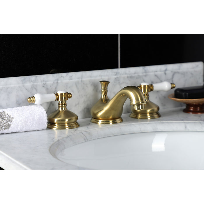 Kingston Heirloom KS1167BPL - Bel-Air Two-Handle 3-Hole Deck Mount Widespread Bathroom Faucet with Brass Pop-Up, Brushed Brass