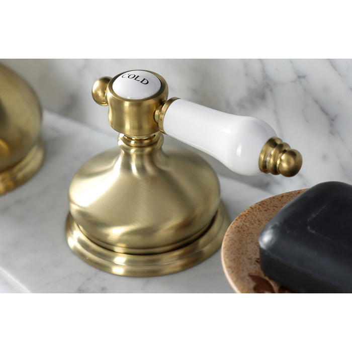 Kingston Heirloom KS1167BPL - Bel-Air Two-Handle 3-Hole Deck Mount Widespread Bathroom Faucet with Brass Pop-Up, Brushed Brass