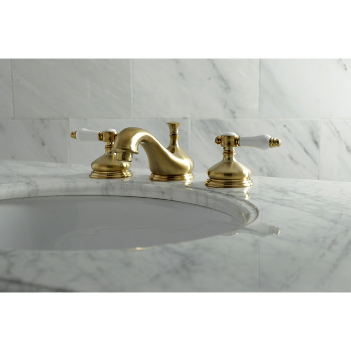 Kingston Heirloom KS1167BPL - Bel-Air Two-Handle 3-Hole Deck Mount Widespread Bathroom Faucet with Brass Pop-Up, Brushed Brass
