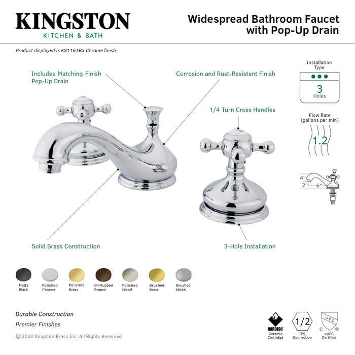 Kingston Heirloom KS1167BX - Vintage Two-Handle 3-Hole Deck Mount Widespread Bathroom Faucet with Brass Pop-Up, Brushed Brass