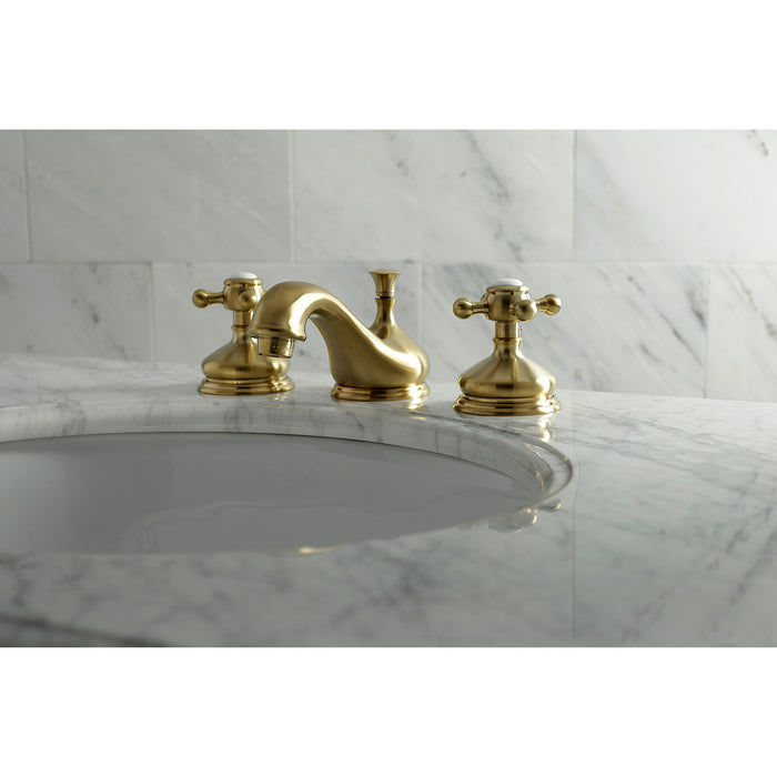 Kingston Heirloom KS1167BX - Vintage Two-Handle 3-Hole Deck Mount Widespread Bathroom Faucet with Brass Pop-Up, Brushed Brass