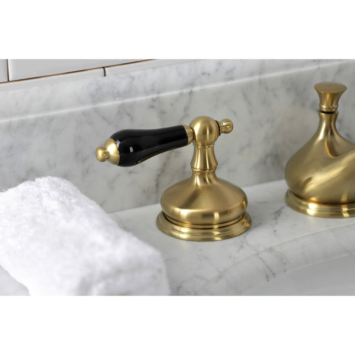 Kingston Heirloom KS1167PKL - Duchess Two-Handle 3-Hole Deck Mount Widespread Bathroom Faucet with Brass Pop-Up, Brushed Brass