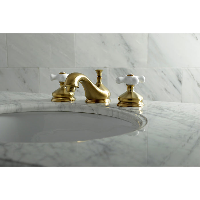 Kingston Heirloom KS1167PX - Heritage Two-Handle 3-Hole Deck Mount Widespread Bathroom Faucet with Brass Pop-Up, Brushed Brass