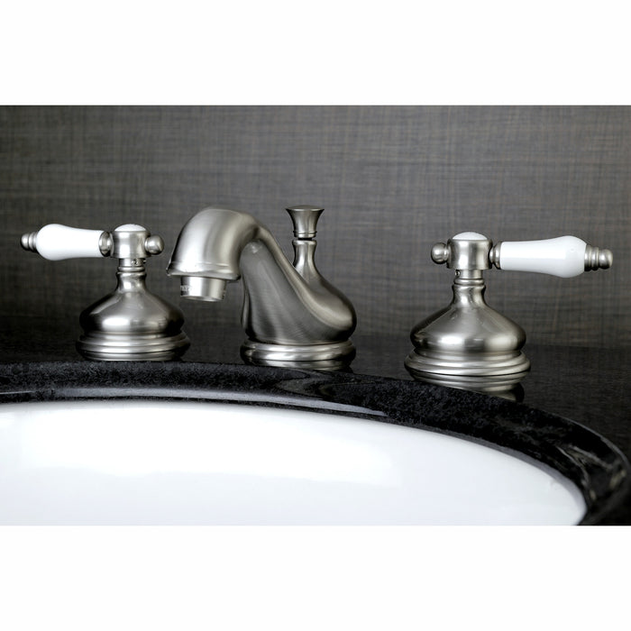 Kingston Heirloom KS1168BPL - Bel-Air Two-Handle 3-Hole Deck Mount Widespread Bathroom Faucet with Brass Pop-Up, Brushed Nickel