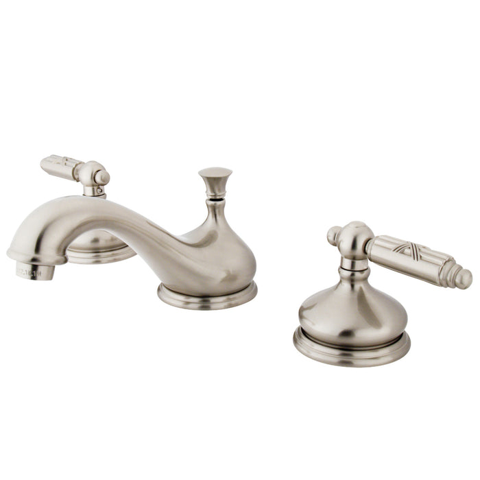 Kingston Tulare KS1168GL - Georgian Two-Handle 3-Hole Deck Mount Widespread Bathroom Faucet with Brass Pop-Up, Brushed Nickel