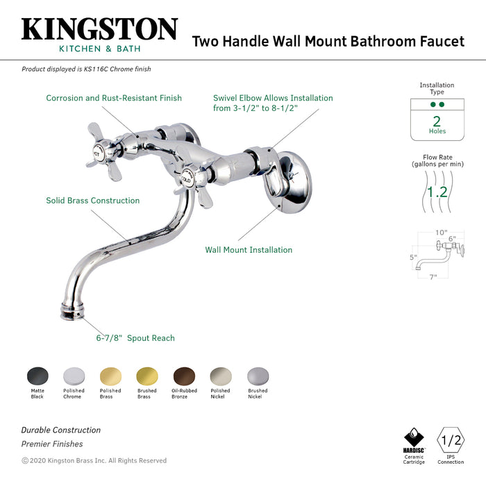 Kingston Heirloom KS116PN - Essex Double-Handle 2-Hole Wall Mount Bathroom Faucet, Polished Nickel