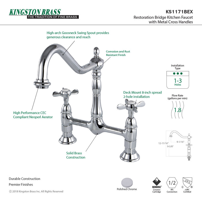 Kingston Heirloom KS1171BEX - Essex Two-Handle 2-Hole Deck Mount Bridge Kitchen Faucet, Polished Chrome