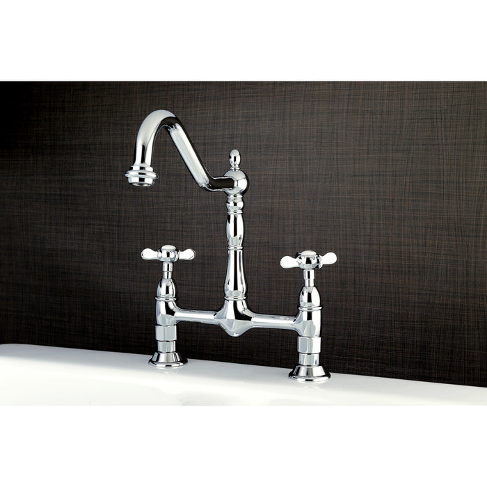 Kingston Heirloom KS1171BEX - Essex Two-Handle 2-Hole Deck Mount Bridge Kitchen Faucet, Polished Chrome