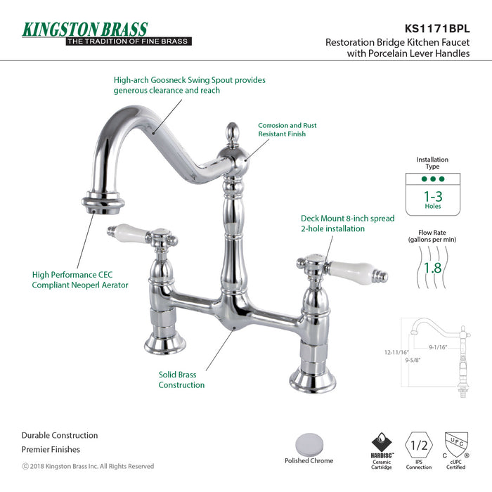 Kingston Heirloom KS1171BPL - Bel-Air Two-Handle 2-Hole Deck Mount Bridge Kitchen Faucet, Polished Chrome