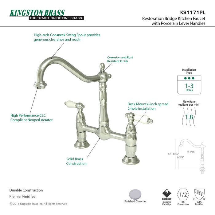 Kingston Heirloom KS1171PL - Heritage Two-Handle 2-Hole Deck Mount Bridge Kitchen Faucet, Polished Chrome