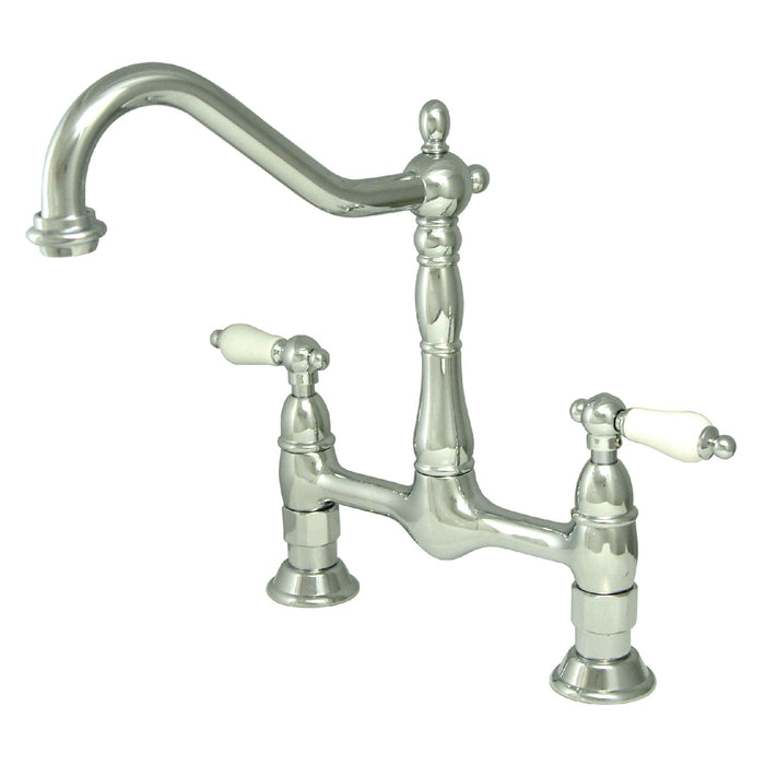 Kingston Heirloom KS1171PL - Heritage Two-Handle 2-Hole Deck Mount Bridge Kitchen Faucet, Polished Chrome