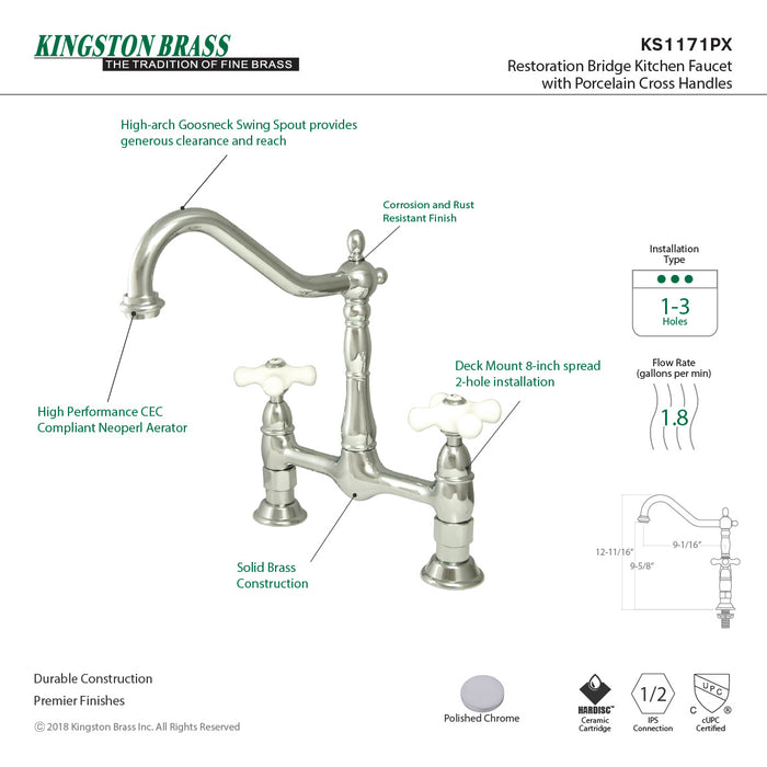 Kingston Heirloom KS1171PX - Heritage Two-Handle 2-Hole Deck Mount Bridge Kitchen Faucet, Polished Chrome