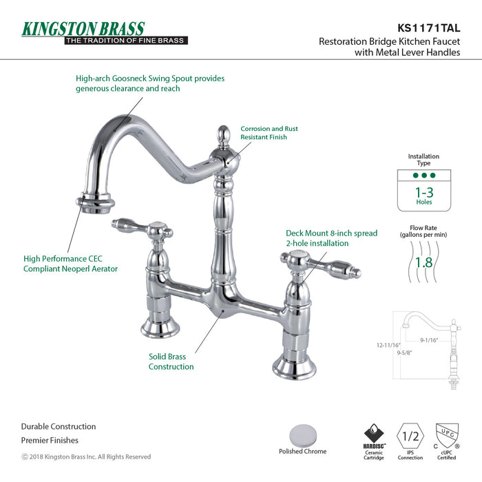 Kingston Heirloom KS1171TAL - Tudor Two-Handle 2-Hole Deck Mount Bridge Kitchen Faucet, Polished Chrome