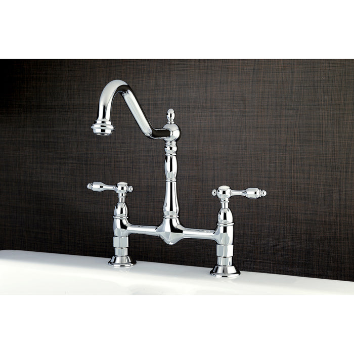 Kingston Heirloom KS1171TAL - Tudor Two-Handle 2-Hole Deck Mount Bridge Kitchen Faucet, Polished Chrome