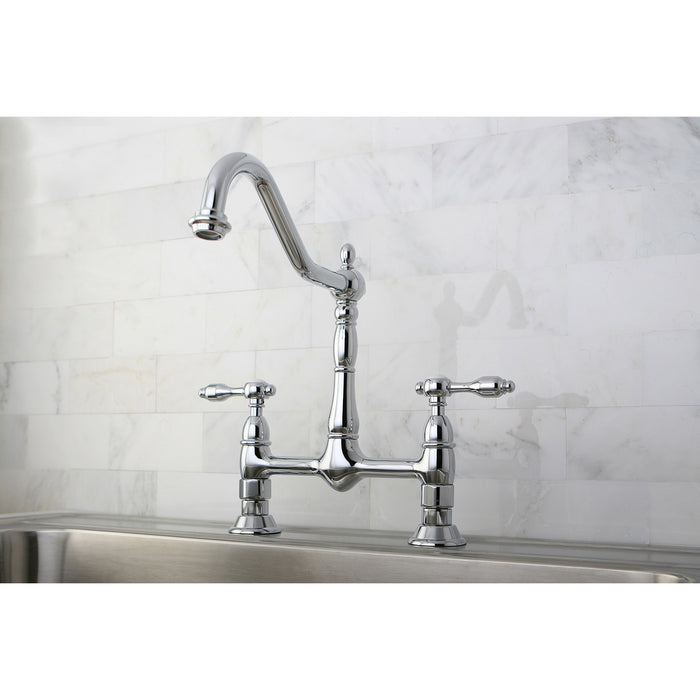 Kingston Heirloom KS1171TAL - Tudor Two-Handle 2-Hole Deck Mount Bridge Kitchen Faucet, Polished Chrome