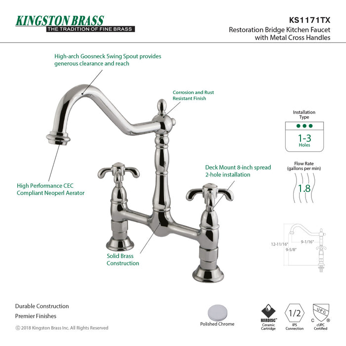 Kingston Heirloom KS1171TX - French Country Two-Handle 2-Hole Deck Mount Bridge Kitchen Faucet, Polished Chrome