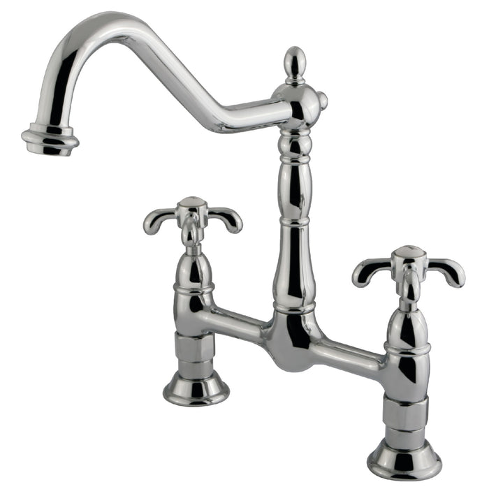Kingston Heirloom KS1171TX - French Country Two-Handle 2-Hole Deck Mount Bridge Kitchen Faucet, Polished Chrome