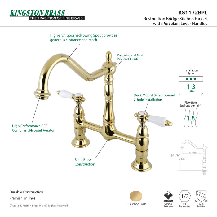 Kingston Heirloom KS1172BPL - Bel-Air Two-Handle 2-Hole Deck Mount Bridge Kitchen Faucet, Polished Brass