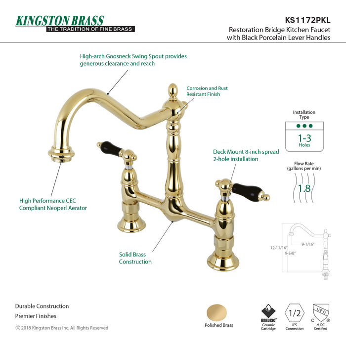Kingston Heirloom KS1172PKL - Duchess Two-Handle 2-Hole Deck Mount Bridge Kitchen Faucet, Polished Brass
