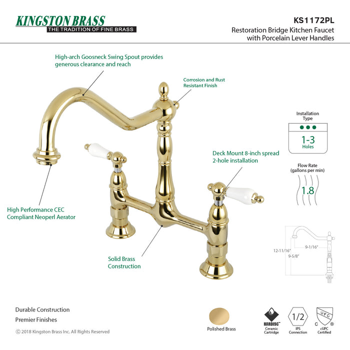 Kingston Heirloom KS1172PL - Heritage Two-Handle 2-Hole Deck Mount Bridge Kitchen Faucet, Polished Brass