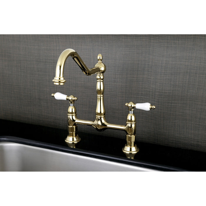 Kingston Heirloom KS1172PL - Heritage Two-Handle 2-Hole Deck Mount Bridge Kitchen Faucet, Polished Brass