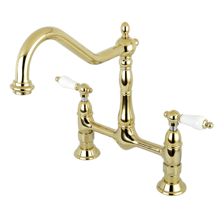 Kingston Heirloom KS1172PL - Heritage Two-Handle 2-Hole Deck Mount Bridge Kitchen Faucet, Polished Brass