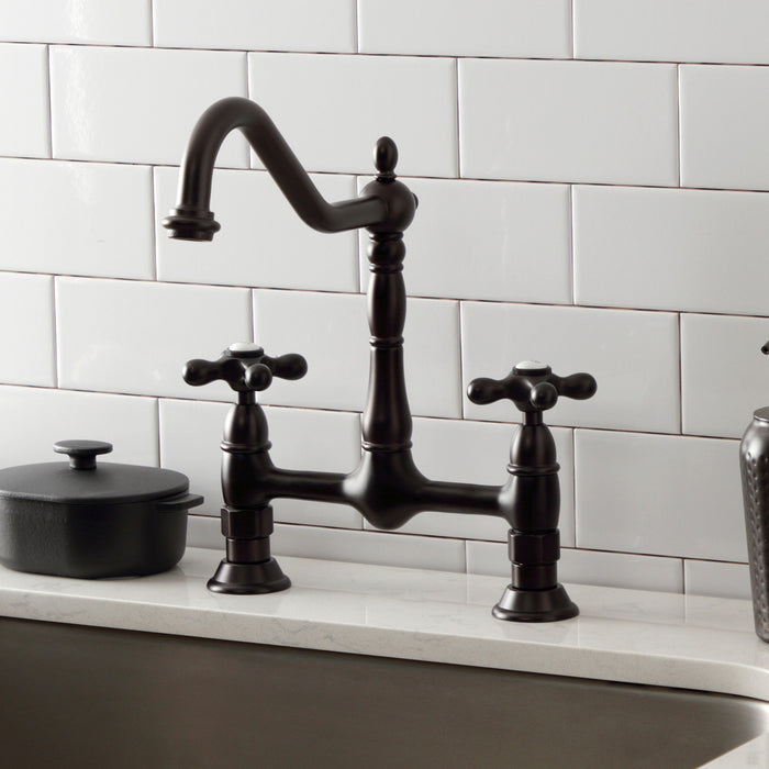 Kingston Heirloom KS1175AX - Heritage Two-Handle 2-Hole Deck Mount Bridge Kitchen Faucet, Oil Rubbed Bronze