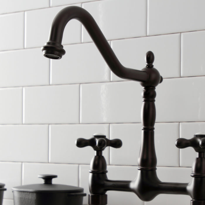 Kingston Heirloom KS1175AX - Heritage Two-Handle 2-Hole Deck Mount Bridge Kitchen Faucet, Oil Rubbed Bronze