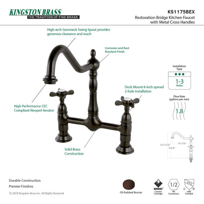 Kingston Heirloom KS1175BEX - Essex Two-Handle 2-Hole Deck Mount Bridge Kitchen Faucet, Oil Rubbed Bronze