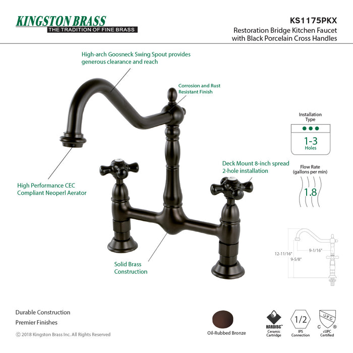 Kingston Heirloom KS1175PKX - Duchess Two-Handle 2-Hole Deck Mount Bridge Kitchen Faucet, Oil Rubbed Bronze