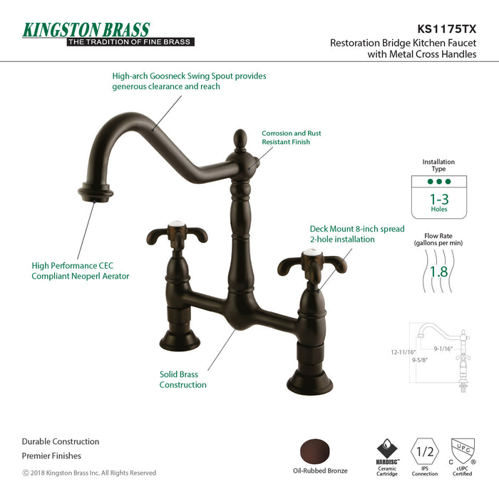 Kingston Heirloom KS1175TX - French Country Two-Handle 2-Hole Deck Mount Bridge Kitchen Faucet, Oil Rubbed Bronze