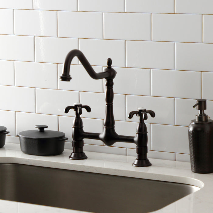 Kingston Heirloom KS1175TX - French Country Two-Handle 2-Hole Deck Mount Bridge Kitchen Faucet, Oil Rubbed Bronze
