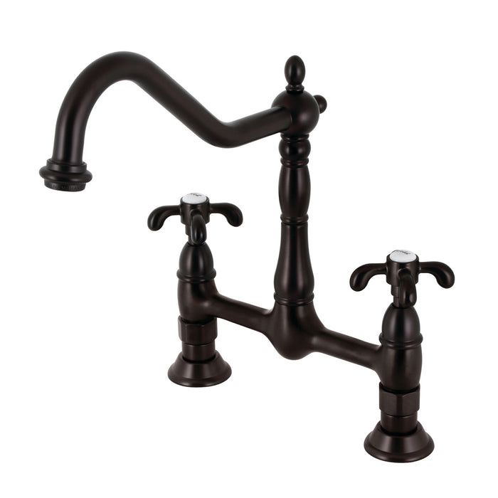 Kingston Heirloom KS1175TX - French Country Two-Handle 2-Hole Deck Mount Bridge Kitchen Faucet, Oil Rubbed Bronze