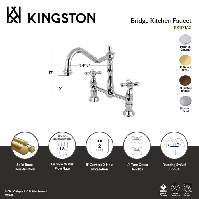 Kingston Heirloom KS1178AX - Heritage Two-Handle 2-Hole Deck Mount Bridge Kitchen Faucet, Brushed Nickel