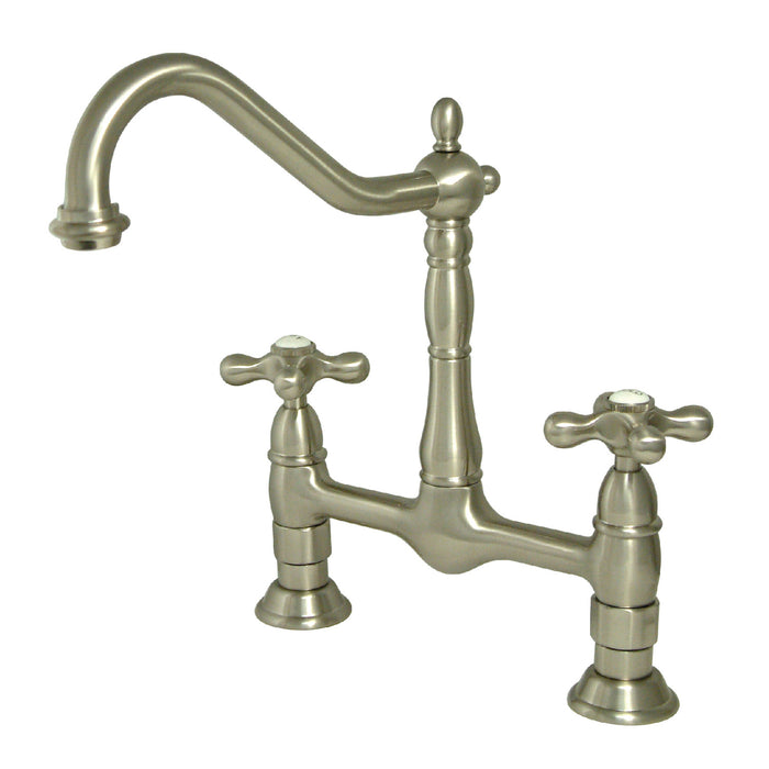 Kingston Heirloom KS1178AX - Heritage Two-Handle 2-Hole Deck Mount Bridge Kitchen Faucet, Brushed Nickel