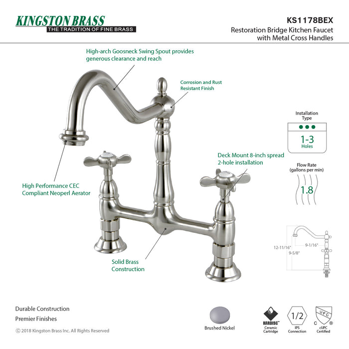 Kingston Heirloom KS1178BEX - Essex Two-Handle 2-Hole Deck Mount Bridge Kitchen Faucet, Brushed Nickel