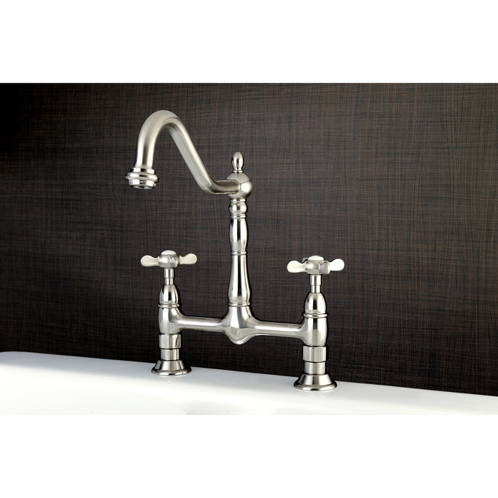 Kingston Heirloom KS1178BEX - Essex Two-Handle 2-Hole Deck Mount Bridge Kitchen Faucet, Brushed Nickel