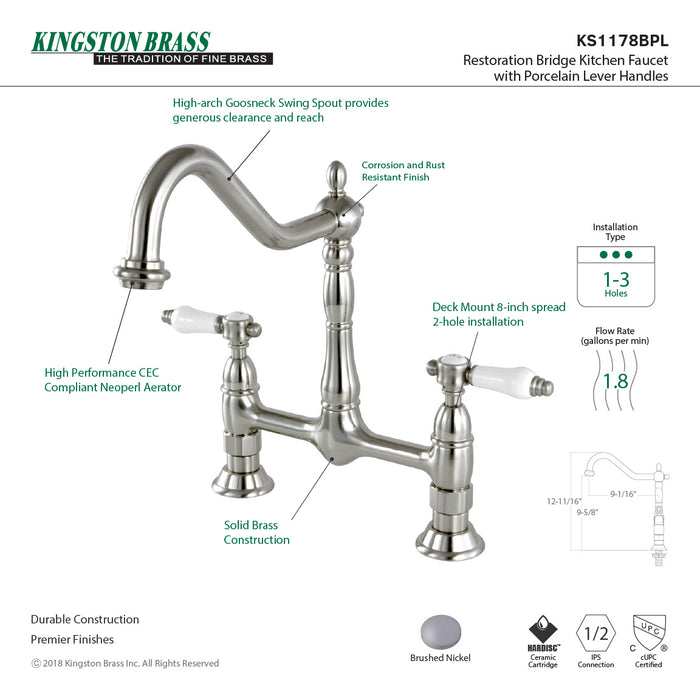 Kingston Heirloom KS1178BPL - Bel-Air Two-Handle 2-Hole Deck Mount Bridge Kitchen Faucet, Brushed Nickel